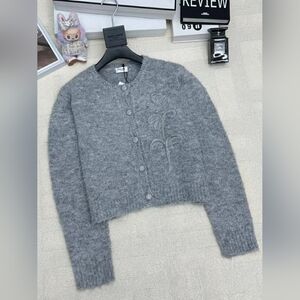 Celine Gray Embroidered Rose Crew Neck Long Sleeve Knit Cardigan